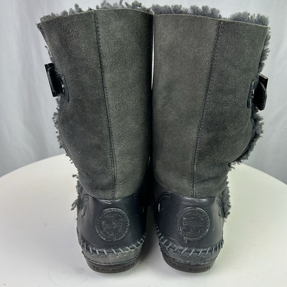 Tory Burch Moccasin Style Suede Shearling Boots with Buckles - Picture 6 of 13